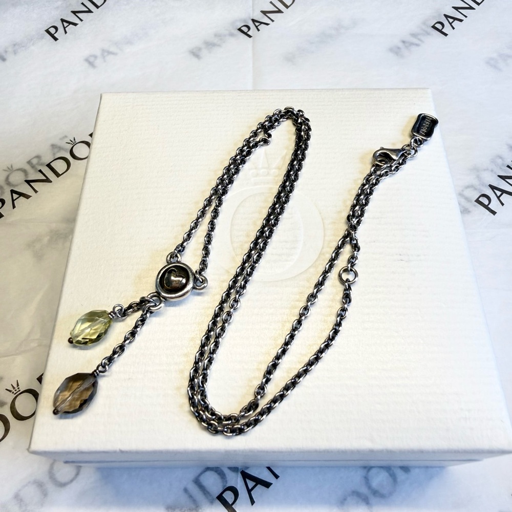 Pandora Vintage Silver And 14k Gold, Lemon Quartz And Smokey Quartz Necklace